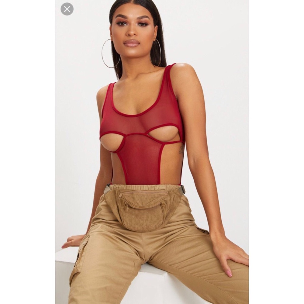 Burgundy Mesh Cutout Bodysuit